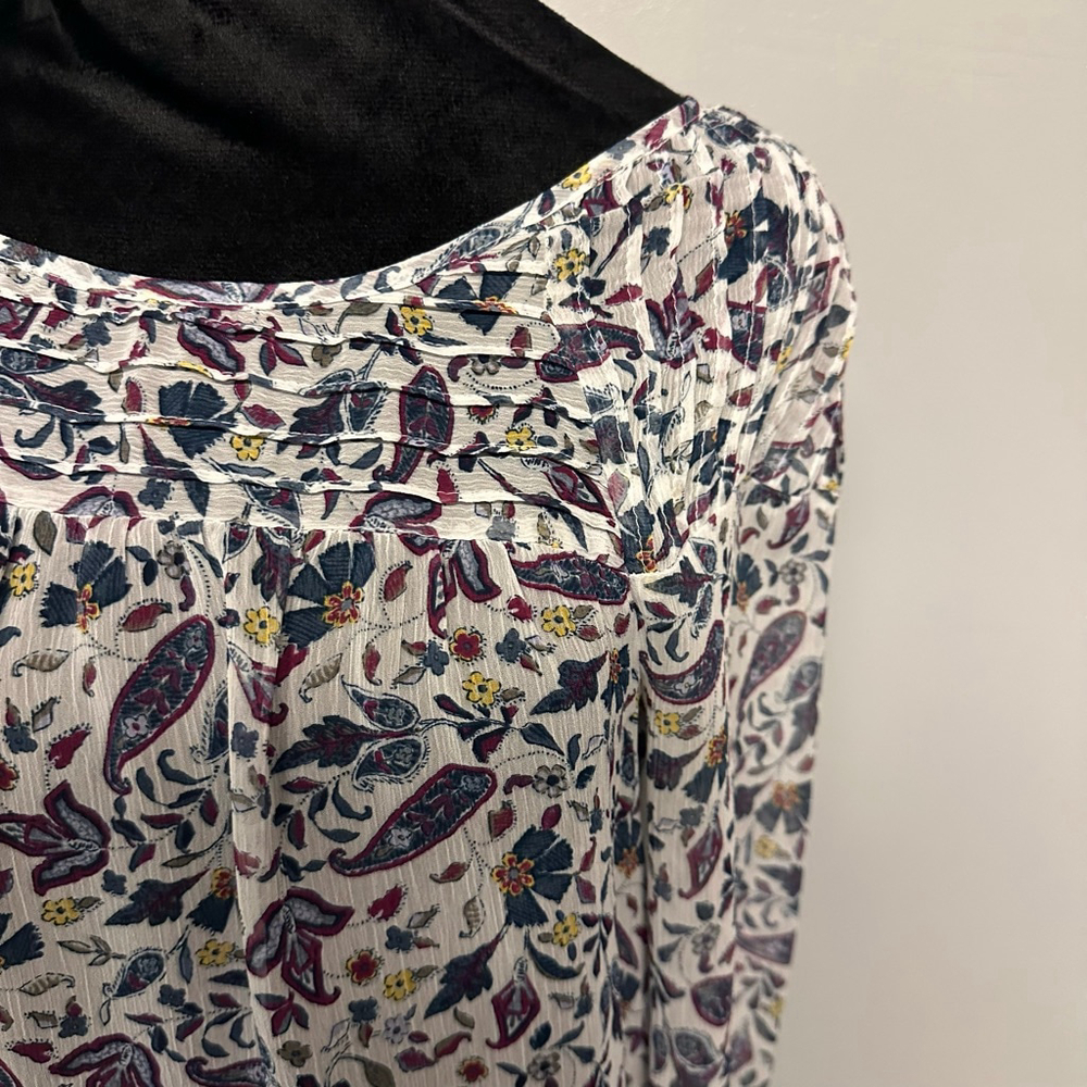 LC Lauren Conrad women's Small White Floral Blouse sheer gathered neck - Picture 5 of 9